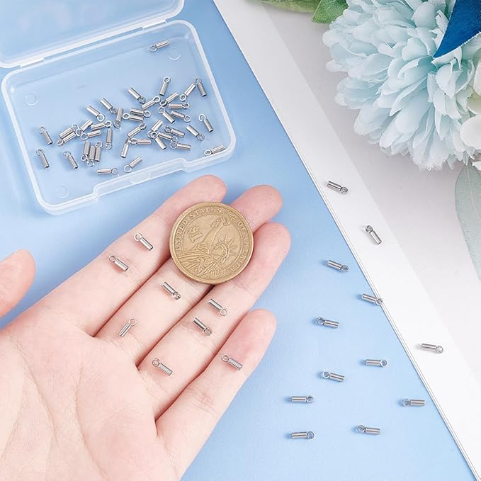 UNICRAFTALE About 60pcs Tube End Caps Stainless Steel Cord Ends 1mm Inner Diameter Smooth End Caps Terminators Cord Finding for Leather Cord Bracelets Jewelry Making, Stainless Steel Color