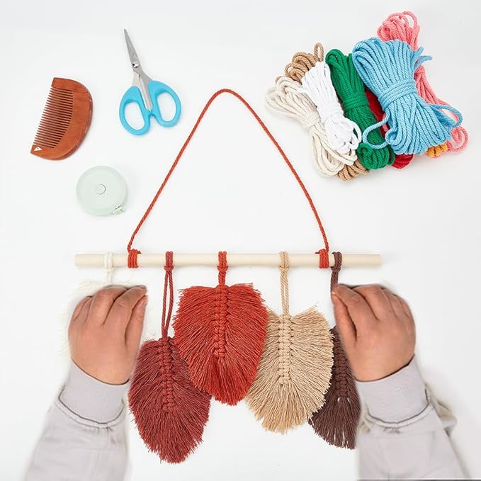 FREEBLOSS 2 Set DIY Macrame Leaf Wall Hanging Kit Macrame Feather Wall Art 10 Colors Cotton Cords 30cm Macrame Kit with Instruction Macrame Wall Tapestry for Bedroom Birthday Gift