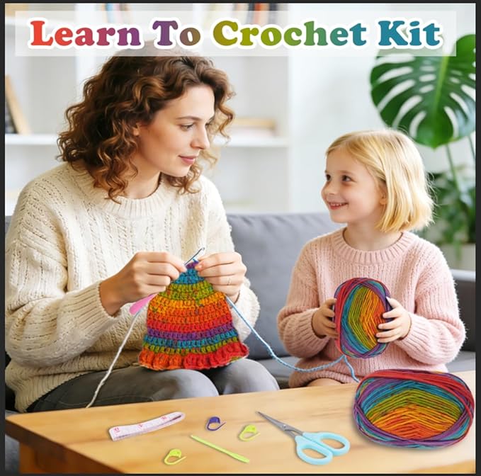 Alvian Elf Hat Crochet Kit for Beginners Rainbow Crochet Beanie Kit Knitting Kit for Beginners Adults Handmade Winter Toque (Red)