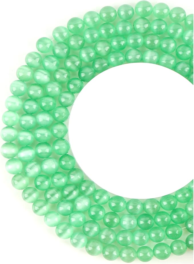 8mm Natural Green Cat Eye Round Bead - 45PCS Bulk Gemstone Beads for Jewelry Making, DIY Bracelets, Necklaces - Includes Crystal Stretch Cord - Beads for Crafting Gifts