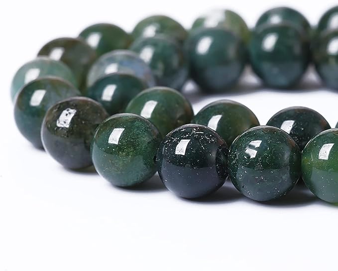 32PCS 12mm Natural Green Moss Agate Beads Gemstone Round Loose Spacer Beads for Jewelry Making DIY Bracelet Necklace Earrings 15" Inch