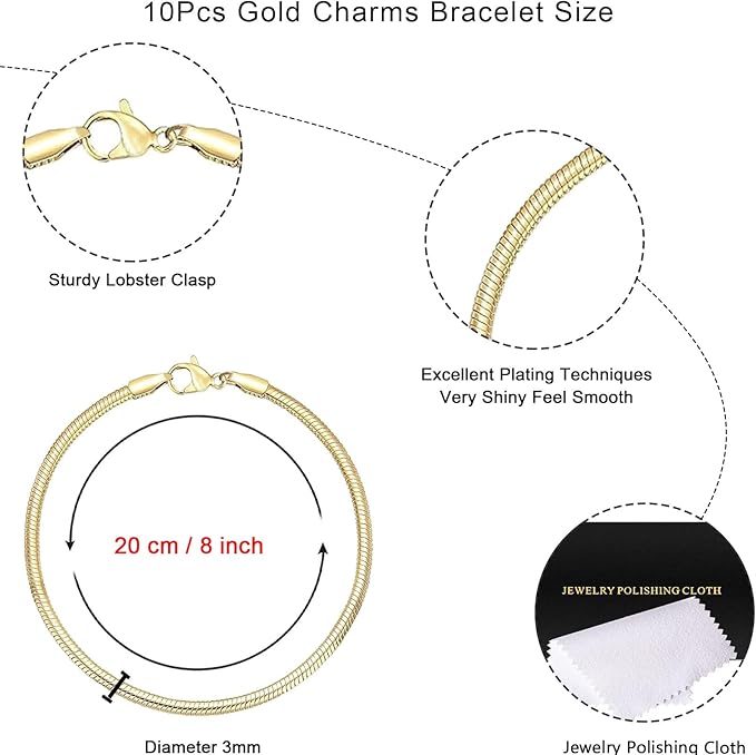10 Pcs Snake Charm Bracelet Chain Adjustable Charm Bracelet Kit 3mm Dainty Snake Chain Bracelets Chains with Heart Lobster Clasp Extender Chains for Christmas DIY Women Jewelry Making Gifts Supplies