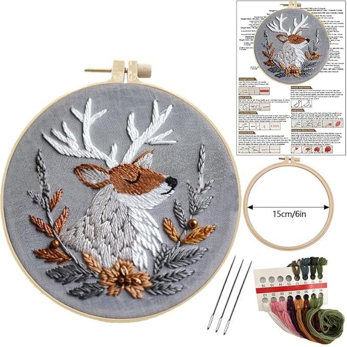 LB Christmas Gnome Embroidery Kit for Beginners: 4-Piece Cross Stitch Set with Penguin, Deer, Green Plant & Fireplace | Adults DIY Starter Kit Includes Hoop, Threads, Tools and Instructions