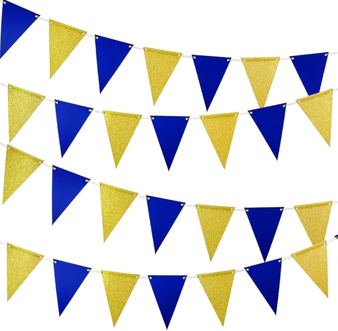 MOWO Gold Blue Pennant Banner Paper Bunting Hanging Decoration for Birthday Graduation Retirement New Year's Party, Pack of 30 Counts Pennant, 20 feet