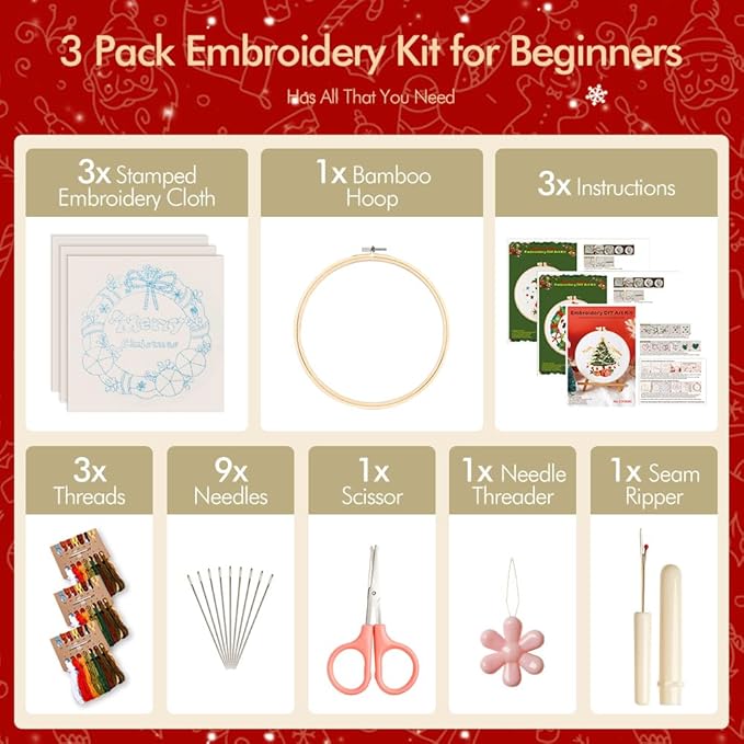 christmas embroidery kits: 3 pack cross stitch kit for beginners adults, diy ornaments craft kit with all tools & instructions, stamped hand embroidery starter kit for holiday crafts & xmas home decor