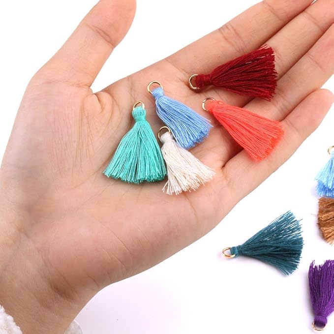 MSCFTFB 100 Pieces Mini Tassels Mala Tassel Kit with Jump Rings for Earring Necklace Jewelry Making Garland Keychain Charms Crafts Decorations(Beige)