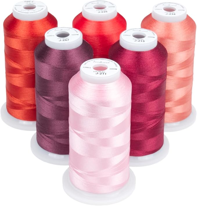 Simthread 6 Spools Embroidery Thread Set, 3000 Yards 40WT 100% Polyester Trilobal Machine Thread for Professional & Home Use, Compatible with Brother, Singer, Janome & More, Red Pink Series