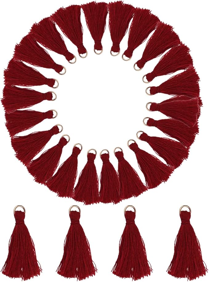 MSCFTFB 100 Pieces Mini Tassels Mala Tassel Kit with Jump Rings for Earring Necklace Jewelry Making Garland Keychain Charms Crafts Decorations(Burgundy)