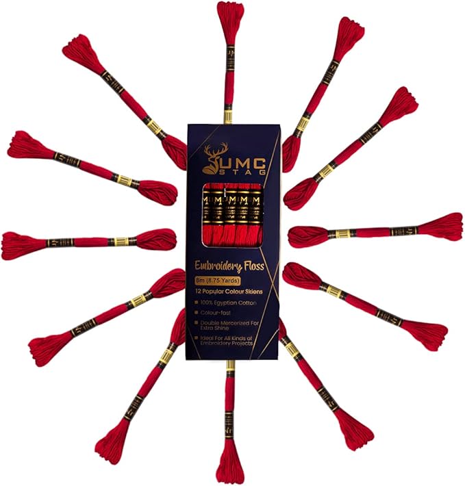 12 Pieces Red 47/321 Premium Embroidery Thread | 100% Egyptian Cotton Premium Skeins | Cross Stitch Embroidery Floss | Oeko TEX Certified Stranded Cotton (Red)