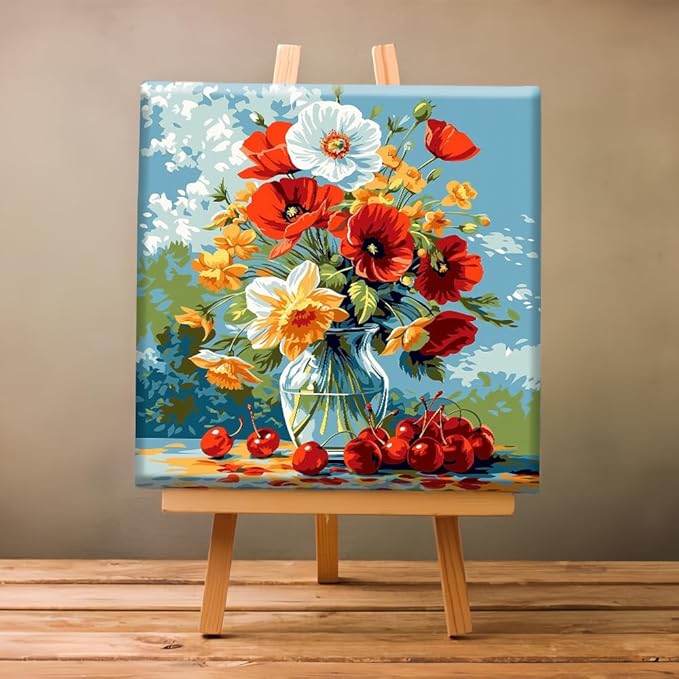 Natuyalo Framed Paint by Number Kits for Adults Beginners, Flowers in Vase Easy Acrylic Adult Paint by Number Kits, Cherry DIY Painting by Numbers Kits with Frame Ideal Gift 12x12 Inch
