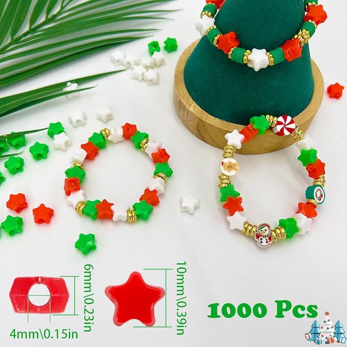 MIIIM 1000 Pcs Christmas Star Pony Beads Shapes for Friendship Bracelet, Large Hole Kandi Beads for Hair Braids, Jewelry Making (Red Green White Star)