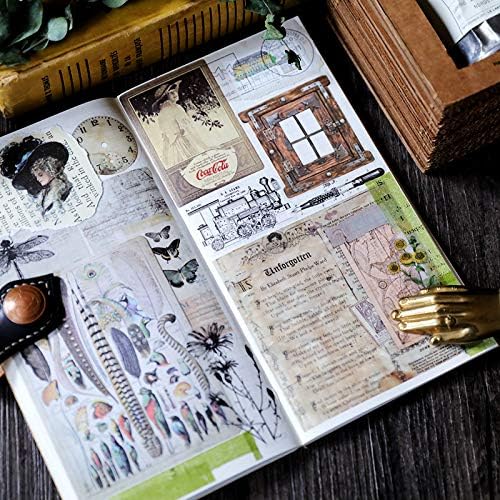 CATaireen Vintage Junk-Journal Mixed Paper Scrapbooking Embellishments Set Retro Journaling Decoupage Stickers Textured Packaging Decorative Cards Tags Kit (Old Memory)
