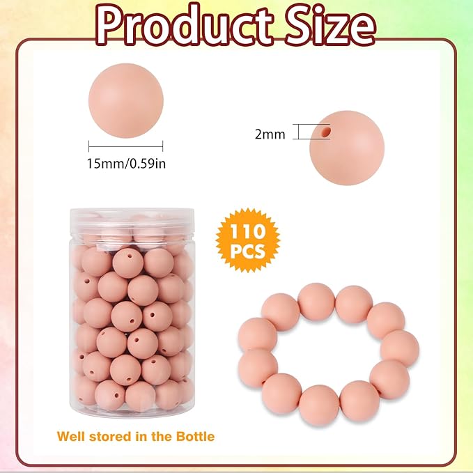 110 Pcs Silicone Focal Beads, EVERMARKET 15mm Silicone Beads for Keychain Making, Round Silicone Beads Bulk with Bottle, Rubber Loose Beads for Pens Crafts Necklace Bracelet Lanyard (Mauve Pink)