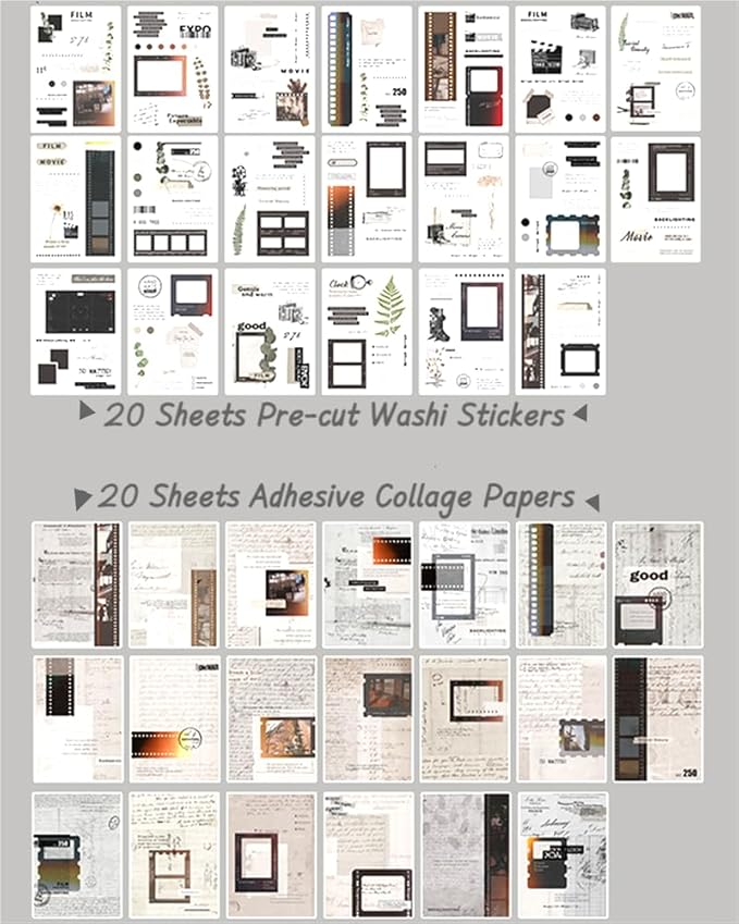 40 Sheets Vintage Washi Stickers Book for Adults, Junk Journal Book Ephemera with 180pcs Film Stickers and 20 Adhesive Scrapbooking Papers, Bullet Journaling Scrapbook Supplies