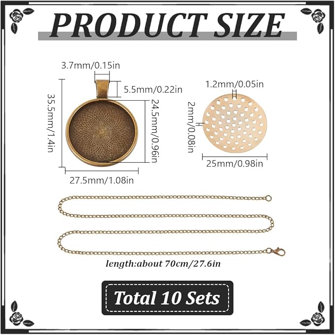 GOMAKERER 10 Sets Round Bezel Pendant Trays, 1 Inch Pendant Blank Frame for Embroidery Alloy Tray Charms Bulk DIY Jewelry Making Kit for Necklace DIY and Crafts Projects, Antique Bronze