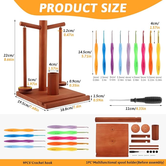 Wooden Yarn Holder - 9PCS Crochet Hooks, Magnetic 2-Spindle Spinner for Crocheting & Knitting | with Phone Stand & Hook Storage | Yarn Enthusiasts' Choice