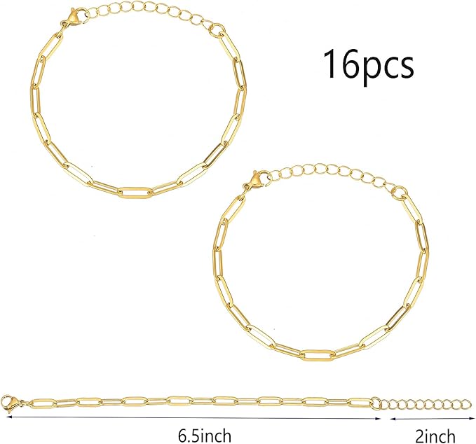 KEIAOUE 16 Pack Charm Bracelet Chain Bulk Gold Plated Stainless Steel Paperclip Chains Bracelets for DIY Jewelry Making