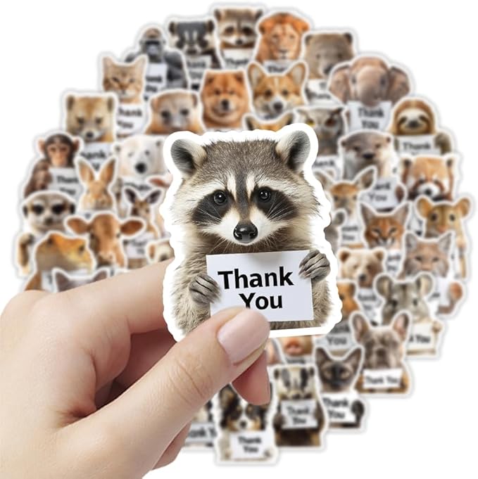 50Pcs Funny Animal Thank You Stickers for Small Business, Thankful Vinyl Waterproof Stickers, Small Business Packaging Supplies & Thanksgiving Gifts