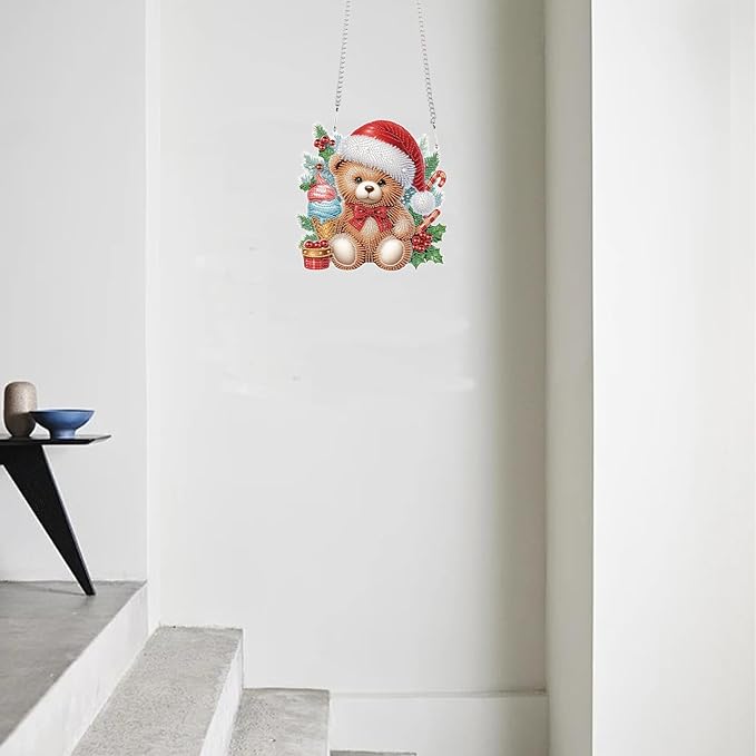 TDFERAN DIY 5D Diamond Painting Hanging Sign 22x24cm Wall Art Sign Diamond Art Wreath Window Hanging Ornament Pendants for Adults Jewel Painting Kits for Adults Home Garden Wall Door Christmas Bear
