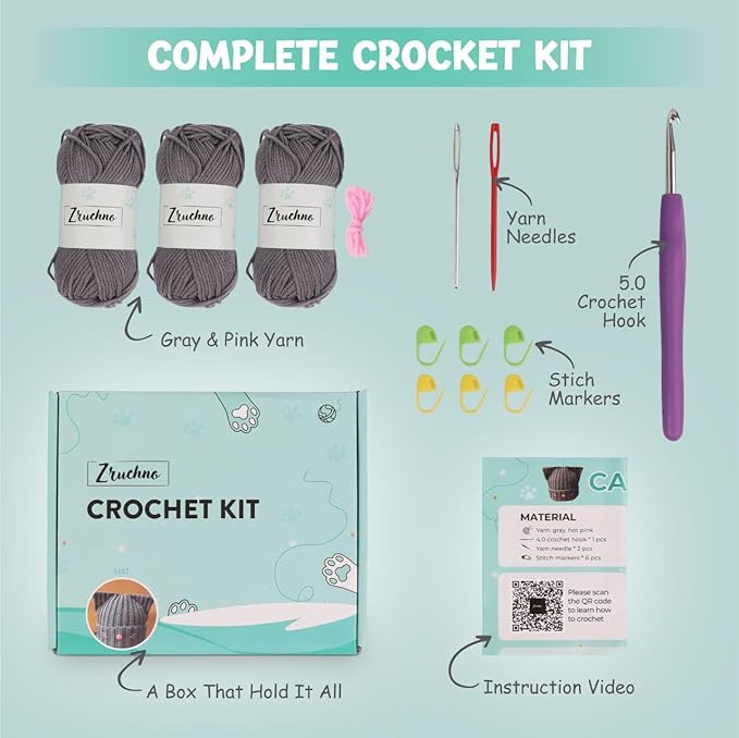 Hat Beanie Crochet Kit, Crochet Kit for Beginners, Step-by-Step Video Tutorials and Detailed Instruction, Complete DIY Learn to Crochet, Crochet Starter Kit with Yarn Hook All Accessories, Cat Ear Hat
