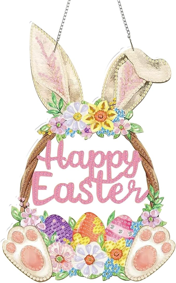 JBTM24 9.8x6.5inch Hanging Diamond Art Pendant Kits, Happy Easter Diamond Painting Hanging Sign with Chain, Special Shaped Crystal Art Ornament (Easter Bunny)