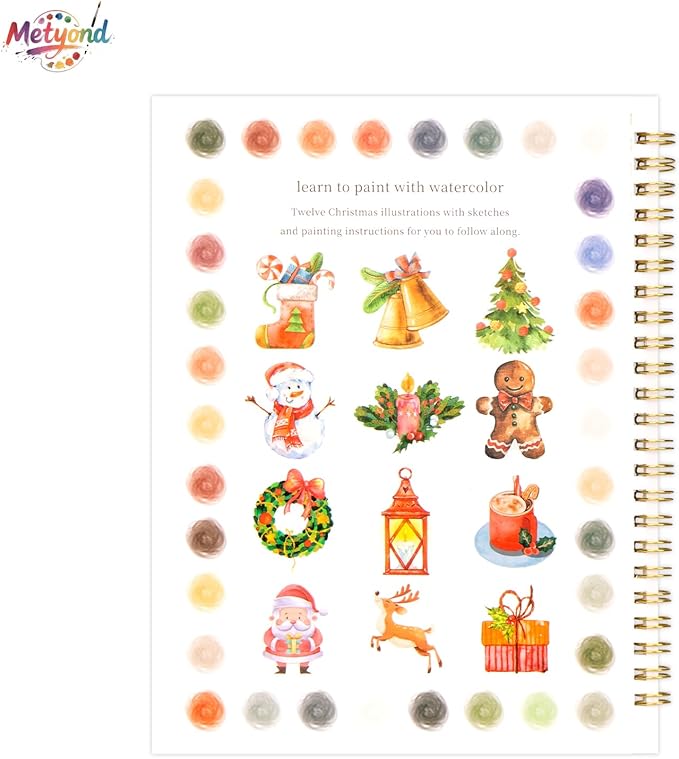 Metyond Christmas Watercolor Workbook - Watercolor Coloring Book with 1 Workbook 12 Colors Paint Set with Brush, Beginner Friendly Watercolor Workbooks Set Gift for Adults Teens (Christmas)
