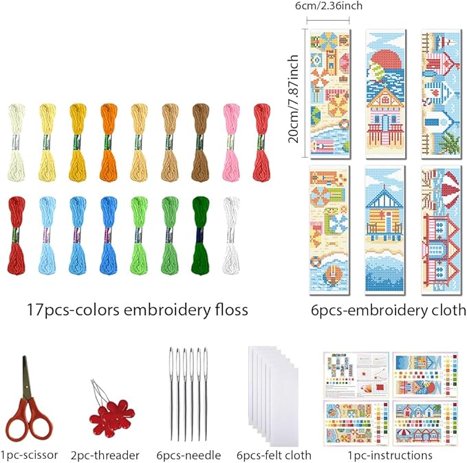 FREEBLOSS 6 PCS Cross Stitch Bookmark Kits for Beginner Summer Beach Scenery Stamped Cross Stitch Kit DIY Embroidery Bookmark Kit with Instructions 8'' x 2.4''