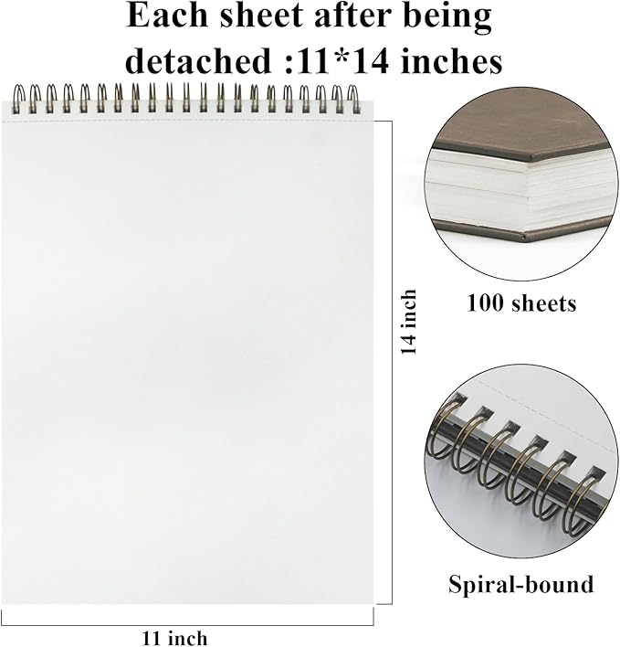 sketch book 11 x 14”, 100 sheets top spiral sketchbook, 68lb /100gsm drawing paper pad, sketch pads for drawing for adults, large sketchbook.