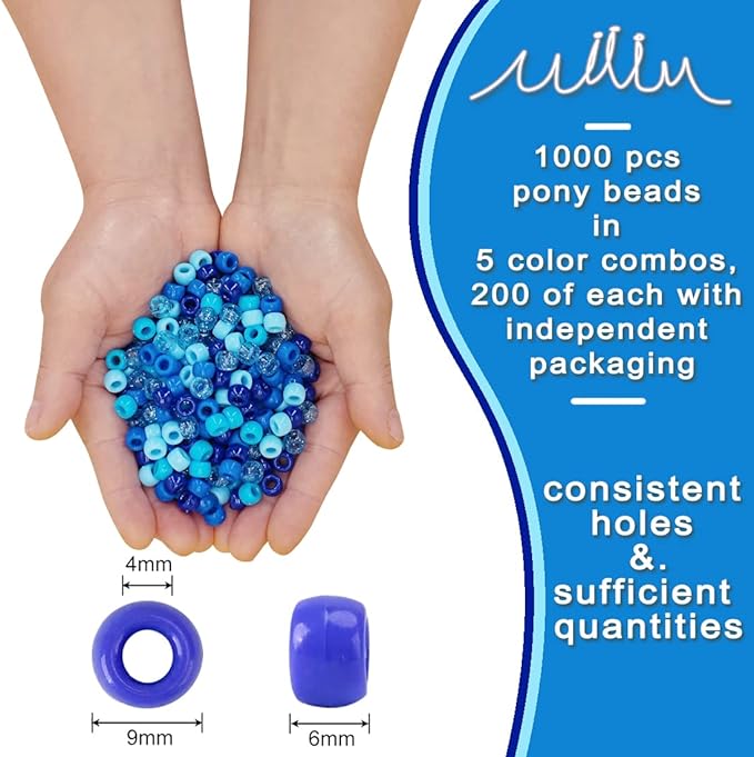 MIIIM 1000PCS 6x9mm Pony Beads Bulk, 5 Styles Blue Pony Beads for Bracelets Making Kit, Kandi, Hair Braids Crafts for Jewelry Making (Blue)