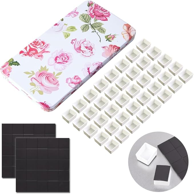 40Pcs Empty Half Pans with Magnetic Stripe Watercolor Paint Travel Tin Palette Case, Artist Paints Half Pan Kits for DIY Watercolor Oils or Acrylics Painting Art Drawing Pink Rose