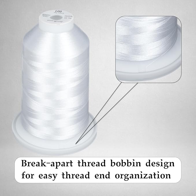 Simthread Trilobal Polyester Thread – 5000M (5500yds) No.40 – Super Sheen, Tangle-Free – Built-in Thread Lock Spool – Compatible with Brother, Singer, Janome & More, White-001