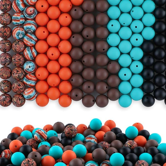 150Pcs Mixed Color 15mm Silicone Beads for Keychain Making, Turquoise Orange Black Print Silicone Beads for Pens and Bracelet Jewelry Making