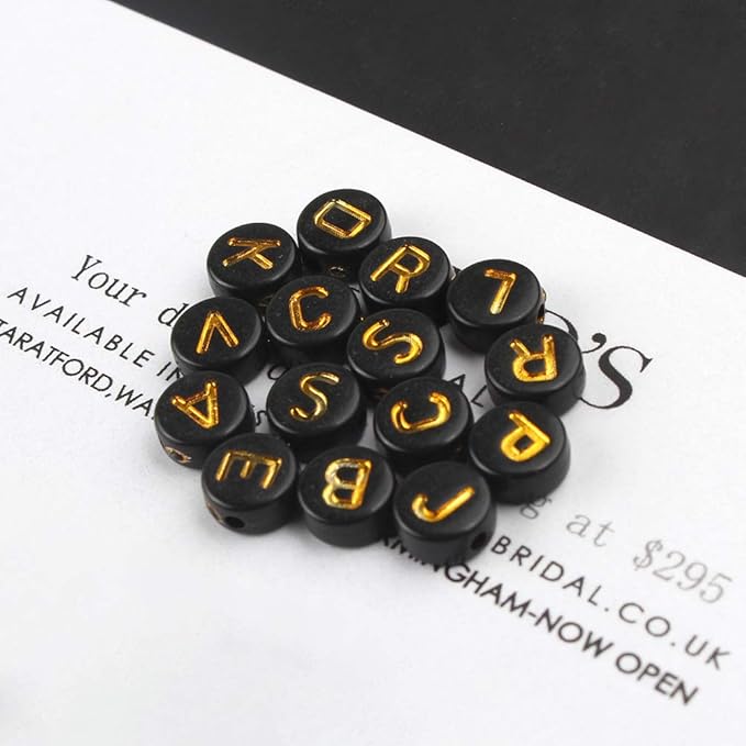Song Xi 1200pcs Black Letter Beads for Bracelets Round Acrylic Black and Gold Alphabet Beads 4x7mm for Jewelry Making
