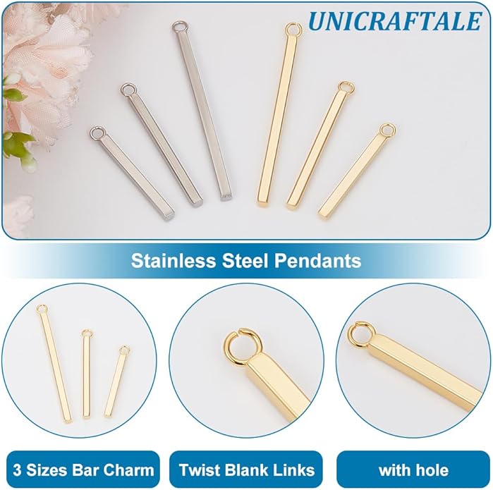 UNICRAFTALE 36Pcs 3 Sizes 2 Colors Stainless Steel Long Bar Shape Pendants Long Vertical Cubic Drop Dangle Earring Metal Smooth Pendants for Jewelry Making