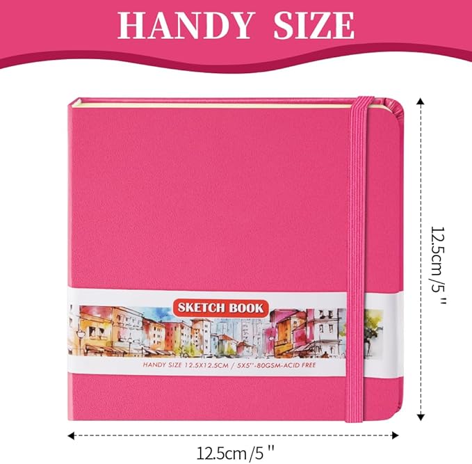 Square 5x5 inches 80gsm 96sheets/192 Pages Notebooks Blank Sketchbooks Travel Journal Pocket Hardcover Paint Writing Diary Memo Planner PU Leather Cover. Rose Pink