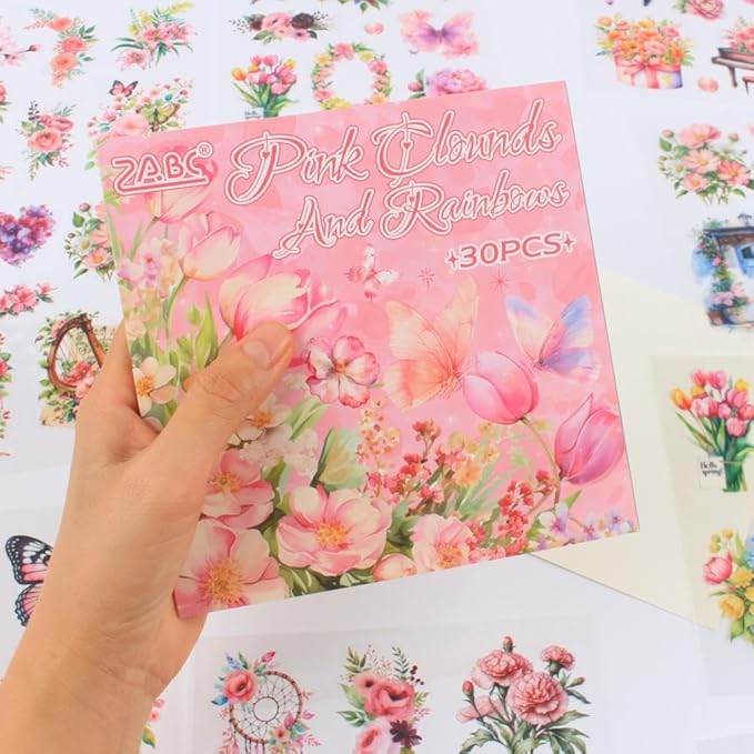 30 Sheets Precut Pink Garden Landscape Stickers Book for Junk Journal Supplies, Transparent PET Stickers for Journaling, Scrapbooking, Bujo, Collage, Card Making