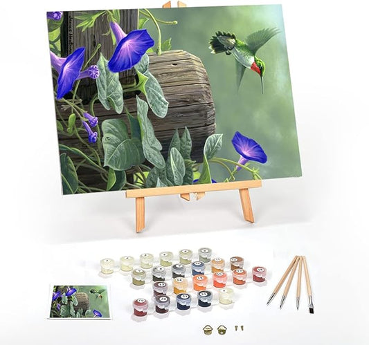 Ledgebay DIY Paint by Numbers Kit for Adults Framed Canvas Beginner to Advanced Paint by Numbers Kit, Kits Include Acrylic Paint Set, Brushes & Tabletop Easel (Hummingbird 12" x 16" Framed)