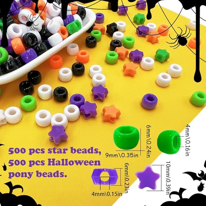 MIIIM 1000 Pcs Halloween Pony Beads Shapes for Friendship Bracelet, Large Hole Kandi Beads for Hair Braids, Jewelry Making (Halloween)