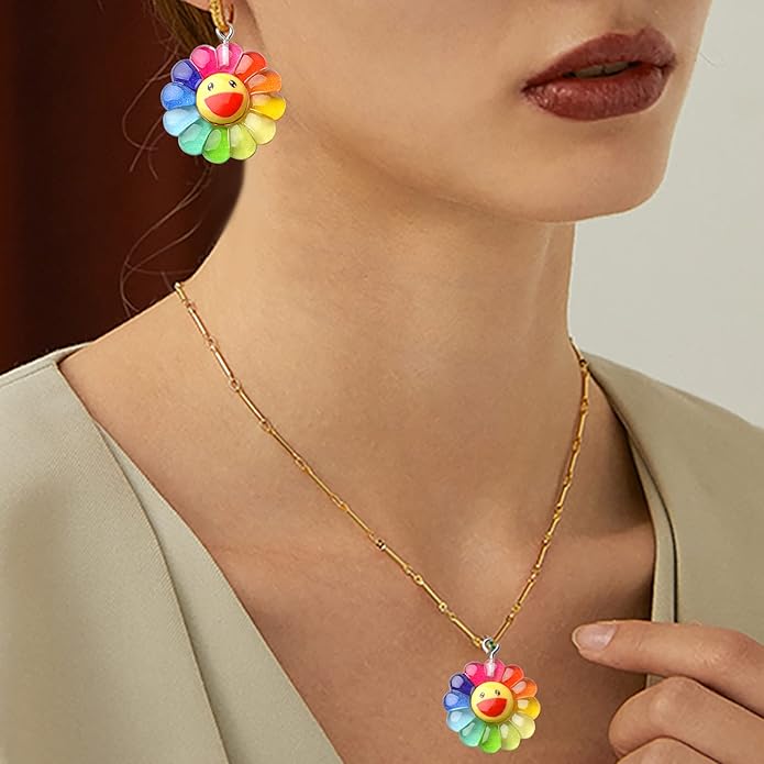 Aylifu Sunflower Charm Pendants,20pcs Resin Rainbow Flower Charms Face Charm Sunflower Cabochons Epoxy Charms for DIY Jewelry Necklace Crafts Making,2 Sizes