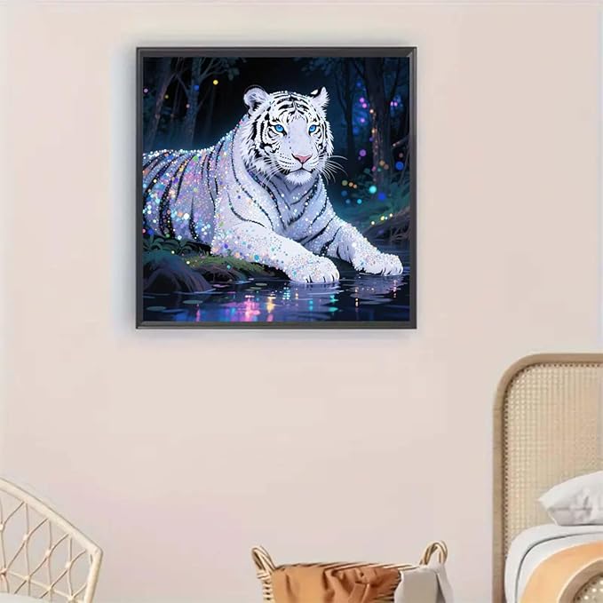 GEMFAMILY Tiger Diamond Art Kits for Adults, 5D Diamond Painting Kits for White Tiger, DIY Round Full Drill Diamond Art Craft for Home Wall Decor13.8 X 13.8inch