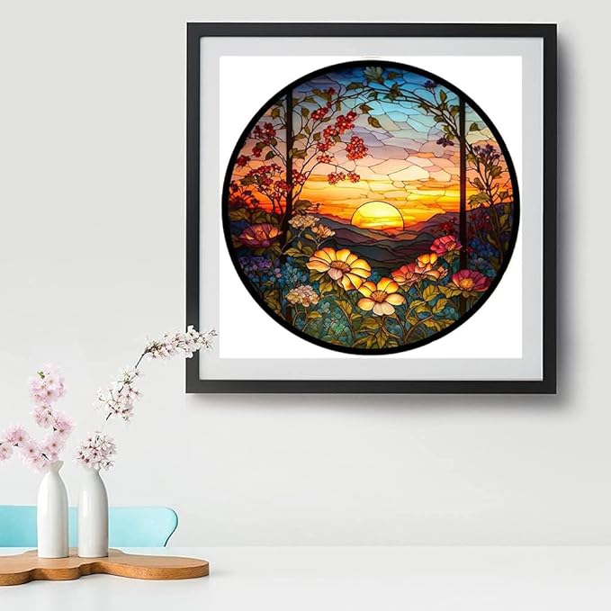 Stamped Cross Stitch Kits - Flower Mountain Sun Landscape Counted Cross Stitch Kits for Beginners Adults,11 CT Patterns Dimensions Embroidery Kits Arts Craft Kits 13.8 x 13.8inch