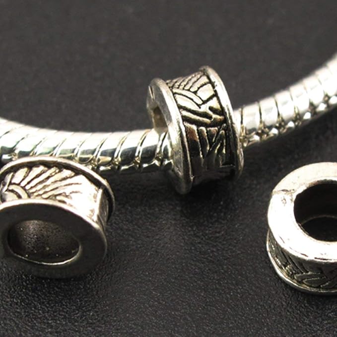 RUBYCA 50pcs Tibetan Silver Tone Spacer Beads Fit European Charms Bracelet Ring Edges Stripped