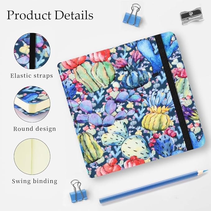Mifuner Small Square 5x5 80gsm Mini Notebooks Blank Pages Sketchbooks Travel Journal Pocket Hardcover Paint Writing Notebook Blank Diary Memo Planner Sketchbook Fabric Cover, Blue Cactus