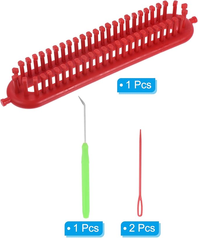 PATIKIL 52 Hooks 26cm Knitting Loom Machines Kit, Dense Teeth Darning Weave Tool with Accessories for Scarf Sweater Shawl Blankets Mending Weaving Stitching, Red