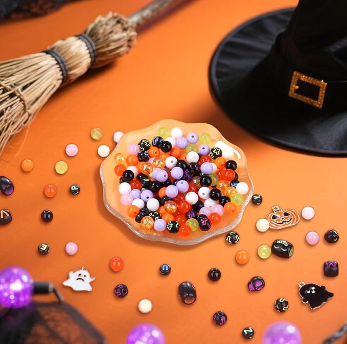 Halloween Beads for Friendship Bracelet Kit,400+ Pcs Halloween Glass Beads and Black Letter Bracelet Making Kit, DIY Crafts for Party