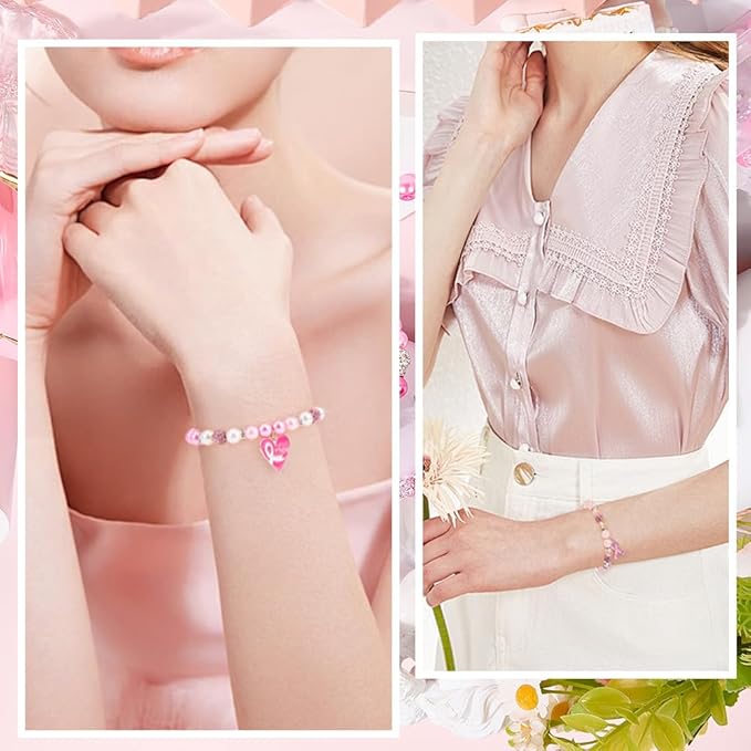 SUNNYCLUE 1 Box 6 Sets Pink Bracelet Making Kit Breast Cancer Awareness Bracelets Glass Beads Bow Heart October Ribbon Charms for Jewelry Making Kits Supplies Handmade Women Beginners Adults Starter