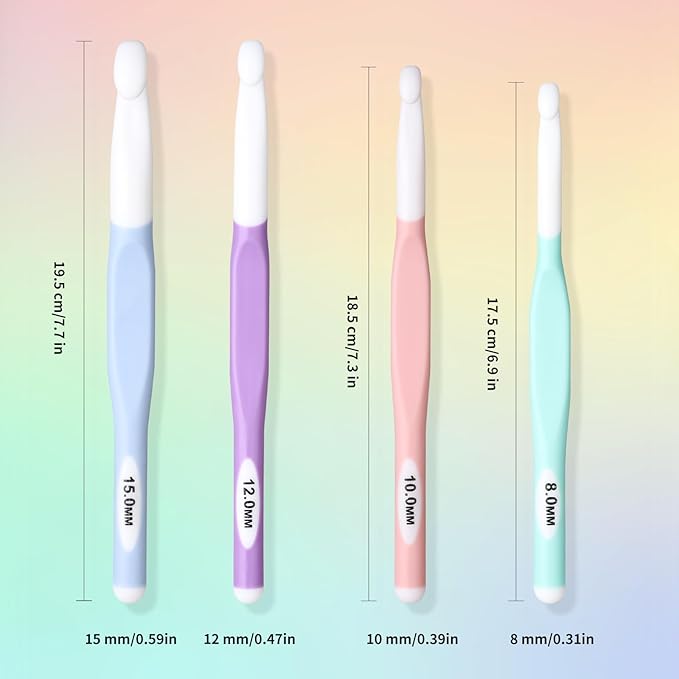 Froggod 4 Sizes Large Crochet Hooks Set, 8mm 10mm 12mm 15mm Crochet Hooks for Chunky Yarn, Long Ergonomic Crochet Needles with Rubber Handle