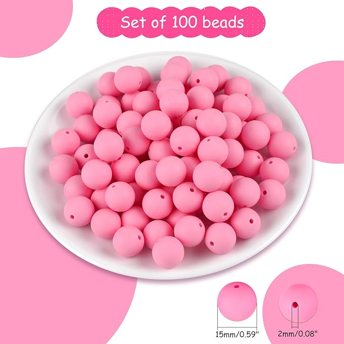 ASTARON 100 Pcs 15mm Silicone Beads for Keychain Making, Pink Round Rubber Beads for Bracelets Beadable Pens Decorations Crafts Making Party Favours Supplies