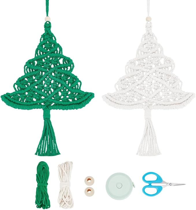 FREEBLOSS 2 Set Macrame Christmas Tree with Large Hole Beads Macrame DIY Kit with Instruction Woven Macrame Decor Adults
