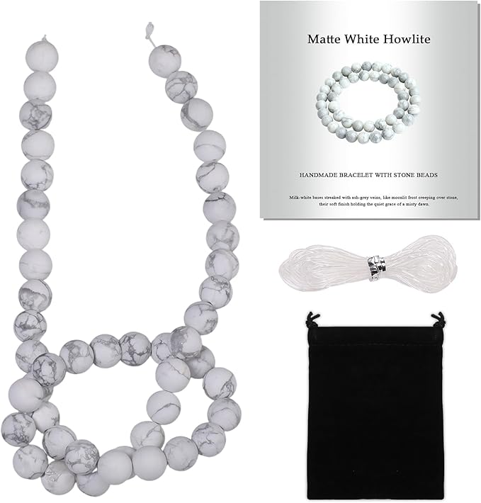 Stone Beads, 45pcs Matte White Howlite, 8mm Round Loose Beads for Jewelry Making, Bracelets, with Bag, String & Card